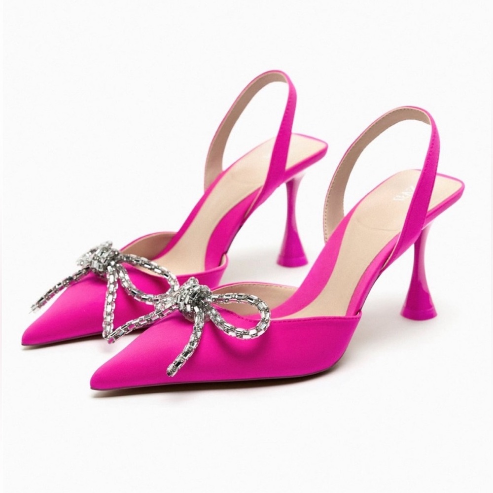 Women’s Zara Pink Slingback Heel Satin Effect Rhinestone Bow Shoes US 6 - Picture 10 of 11